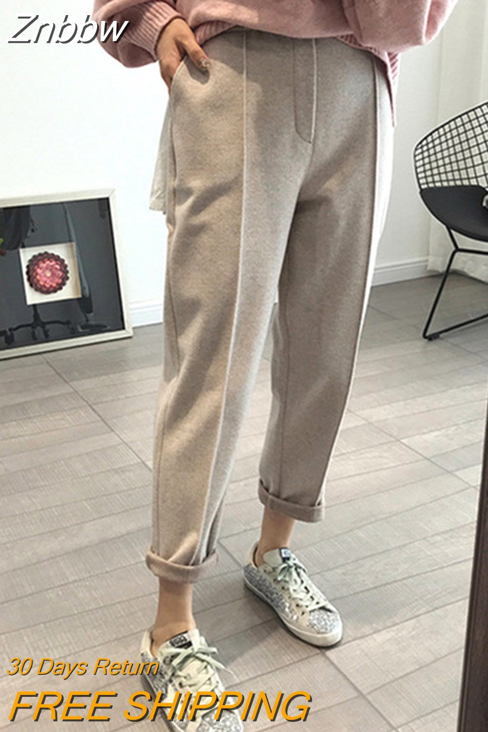 Znbbw Thicken Women Pencil Pants Wool Pants Female Autumn High Waist Loose Trousers Capris Good Fabric