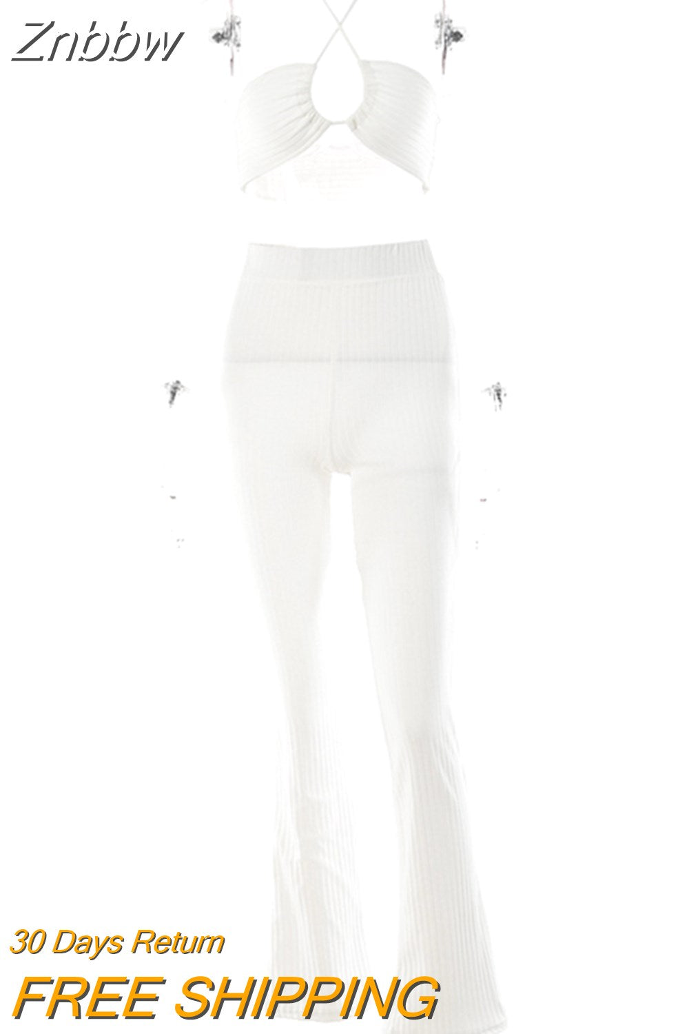 Znbbw Knit Ribbed Two Piece Set For Women Sexy Halter Corset Tank Tops And Straight Pants Sets White Hollow Out Trouser Set