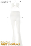 Znbbw Knit Ribbed Two Piece Set For Women Sexy Halter Corset Tank Tops And Straight Pants Sets White Hollow Out Trouser Set
