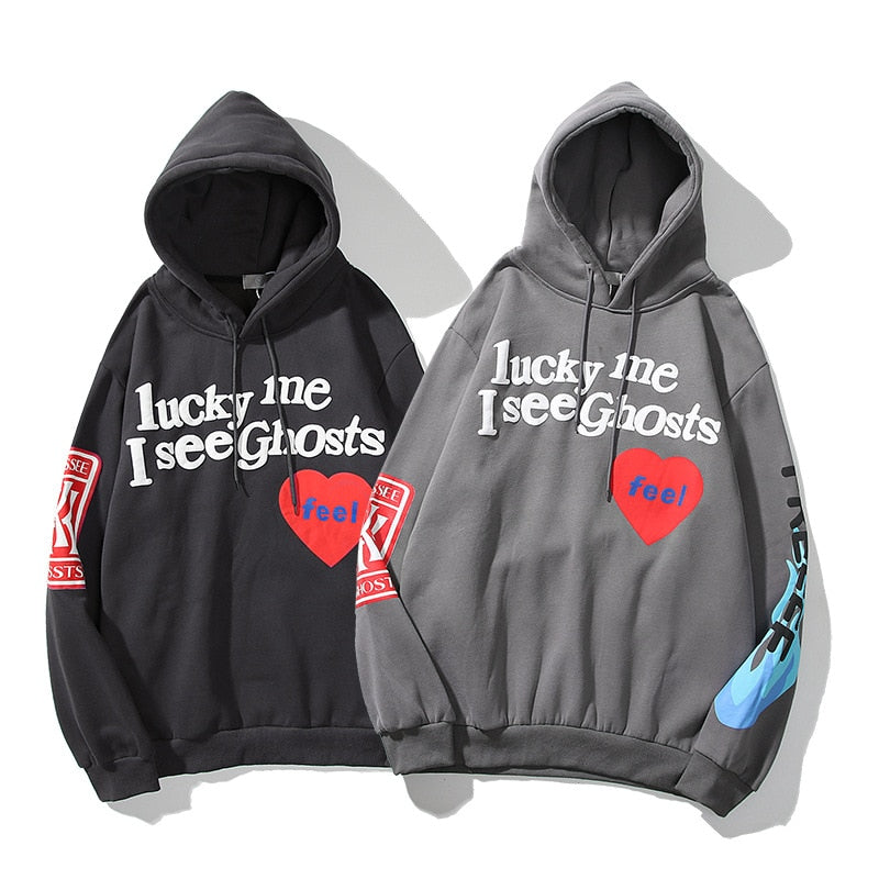 Znbbw Harajuku Weirdo Graffiti Letter Printed Hoodies Men Lucky Me I See Ghosts Mens Hooded Sweatshirt Fleece Pullover Streetwear