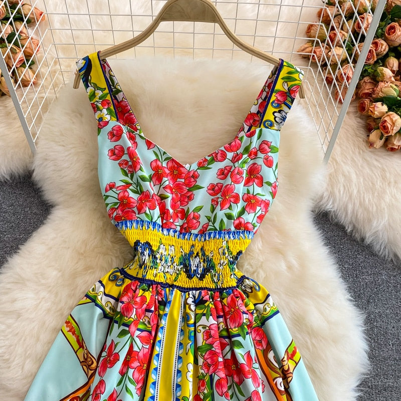 Znbbw 2023 Fashion Runway Summer Vintage Party Dress Spaghetti Strap Printed High Elastic Waist A-Line Knee-Length Dress