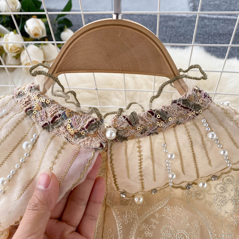 Znbbw Autumn Fashion Runway Mesh Embroidery Patchwork Sequins Tweed Wool Dress Women's Ruffles Luxious Beading Party Vestidos