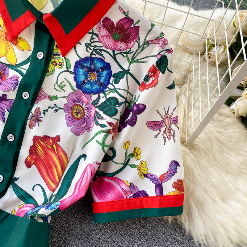 Znbbw Summer Runway Designer Pleated Dress Women's Short Sleeve Shirt Collar Overlay Flower Print Slim Party Midi Dresses N78610