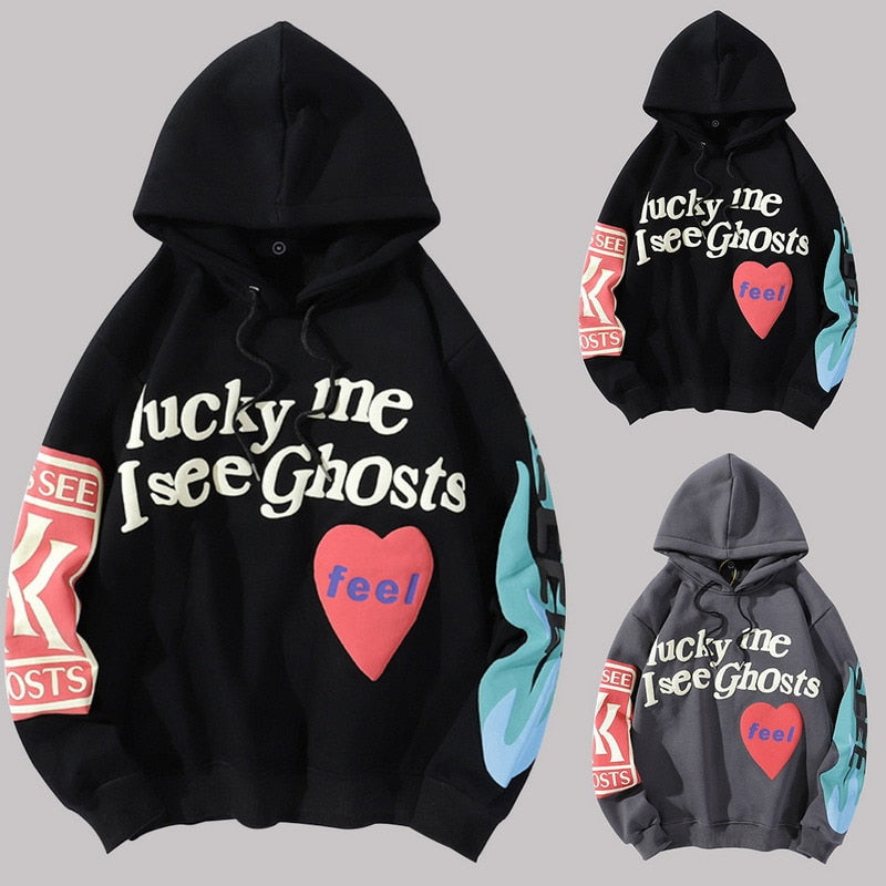 Znbbw Harajuku Weirdo Graffiti Letter Printed Hoodies Men Lucky Me I See Ghosts Mens Hooded Sweatshirt Fleece Pullover Streetwear