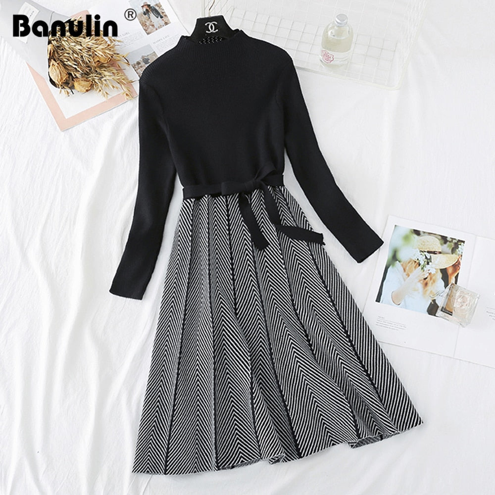 Znbbw High Collar A-line Knit Dress Women's 2023 Autumn Winter Thickened Arrow Striped Women Elegant Sashes Knitted Dress
