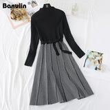 Znbbw High Collar A-line Knit Dress Women's 2023 Autumn Winter Thickened Arrow Striped Women Elegant Sashes Knitted Dress