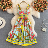 Znbbw 2023 Fashion Runway Summer Vintage Party Dress Spaghetti Strap Printed High Elastic Waist A-Line Knee-Length Dress