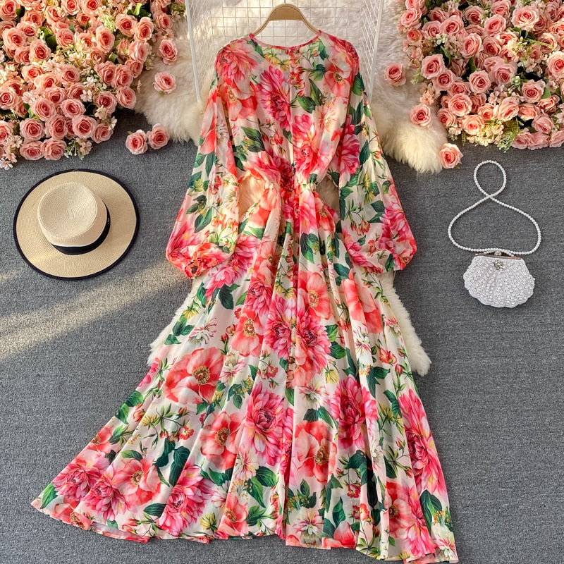 Znbbw Runway Spring Summer Vacation Dress Women Elegant Bat Sleeve Rose Print Bohemian Lady Chiffon Long Maxi Dress N76637