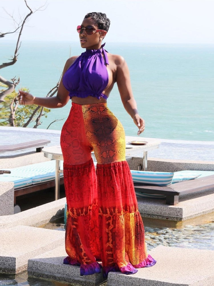 Znbbw Beach Women's Two 2 Piece Set Halter Neck Backless Blouse And Serpentine Lantern Pants 2023 Summer Sexy Outfit Tracksuit