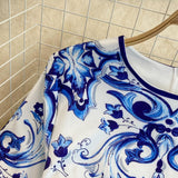 Znbbw Fashion Designer Summer Dress Women O-Neck Short Sleeve Blue and White Porcelain Print High Waist Midi Vacation Dress