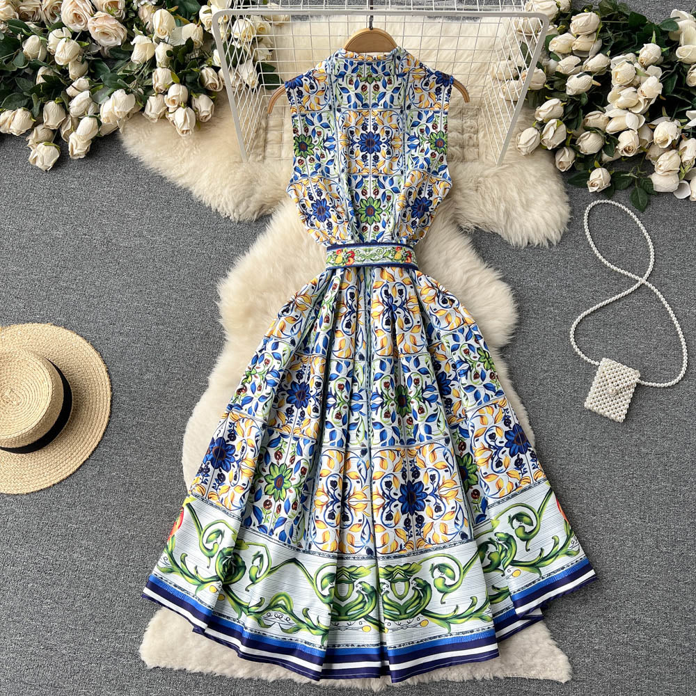 Znbbw Summer Runway Shirt Dress Women's Notch Collar Sleeveless Blue and White Porcelain Print Lace Up Belt Pleated Midi Dress