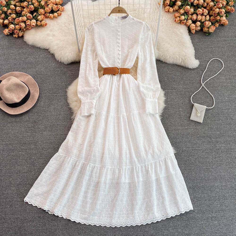 Znbbw 2023 Spring Embroidery Long Dress Women White Black Green Hollow Out Single Breasted Long Sleeve Ladies Party Dress