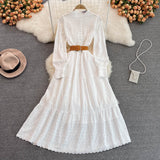 Znbbw 2023 Spring Embroidery Long Dress Women White Black Green Hollow Out Single Breasted Long Sleeve Ladies Party Dress