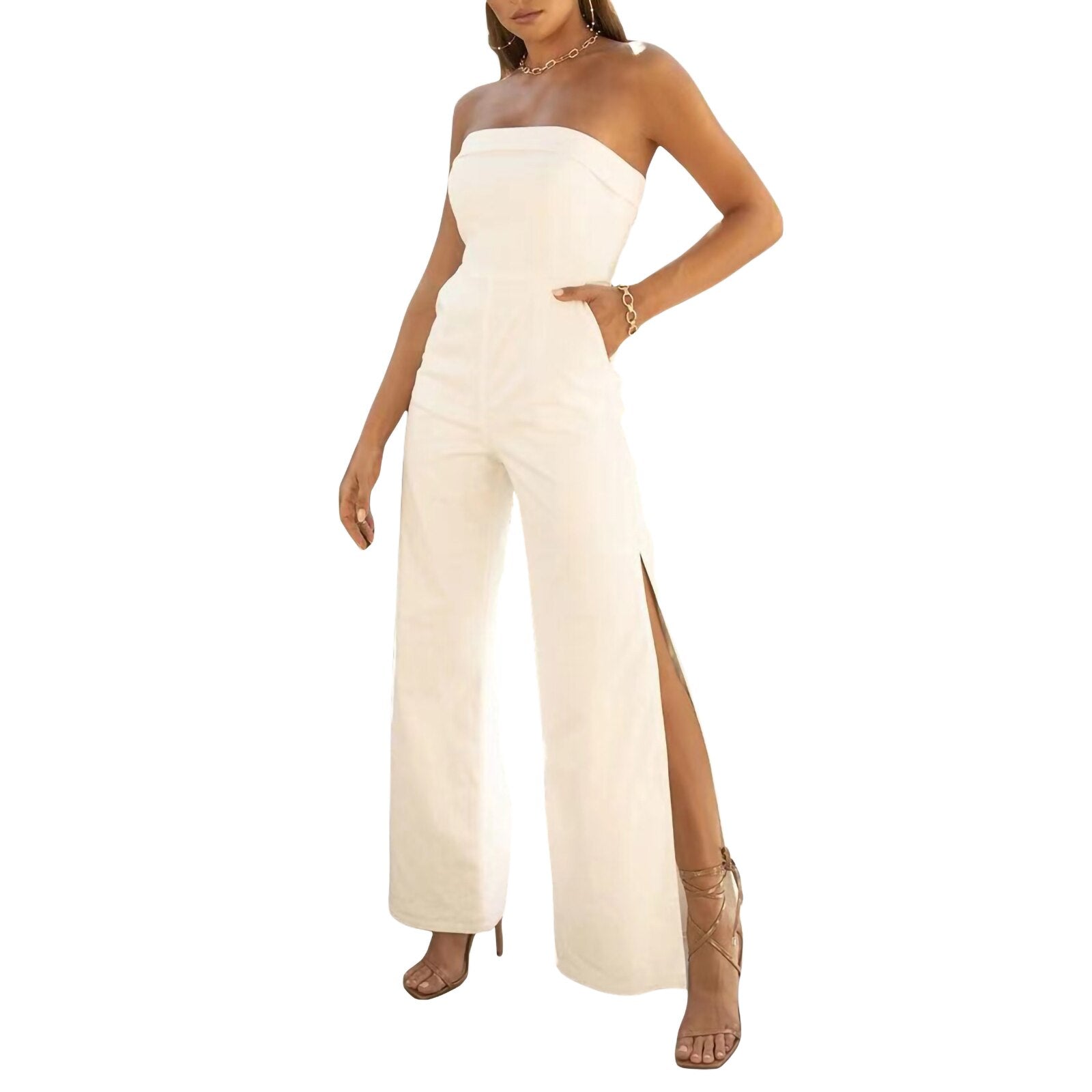 Znbbw Fashion Women Split Wide Leg Pants Elegant Sexy Solid Color Strapless Jumpsuit Sleeveless Loose Romper Club Party Outfits