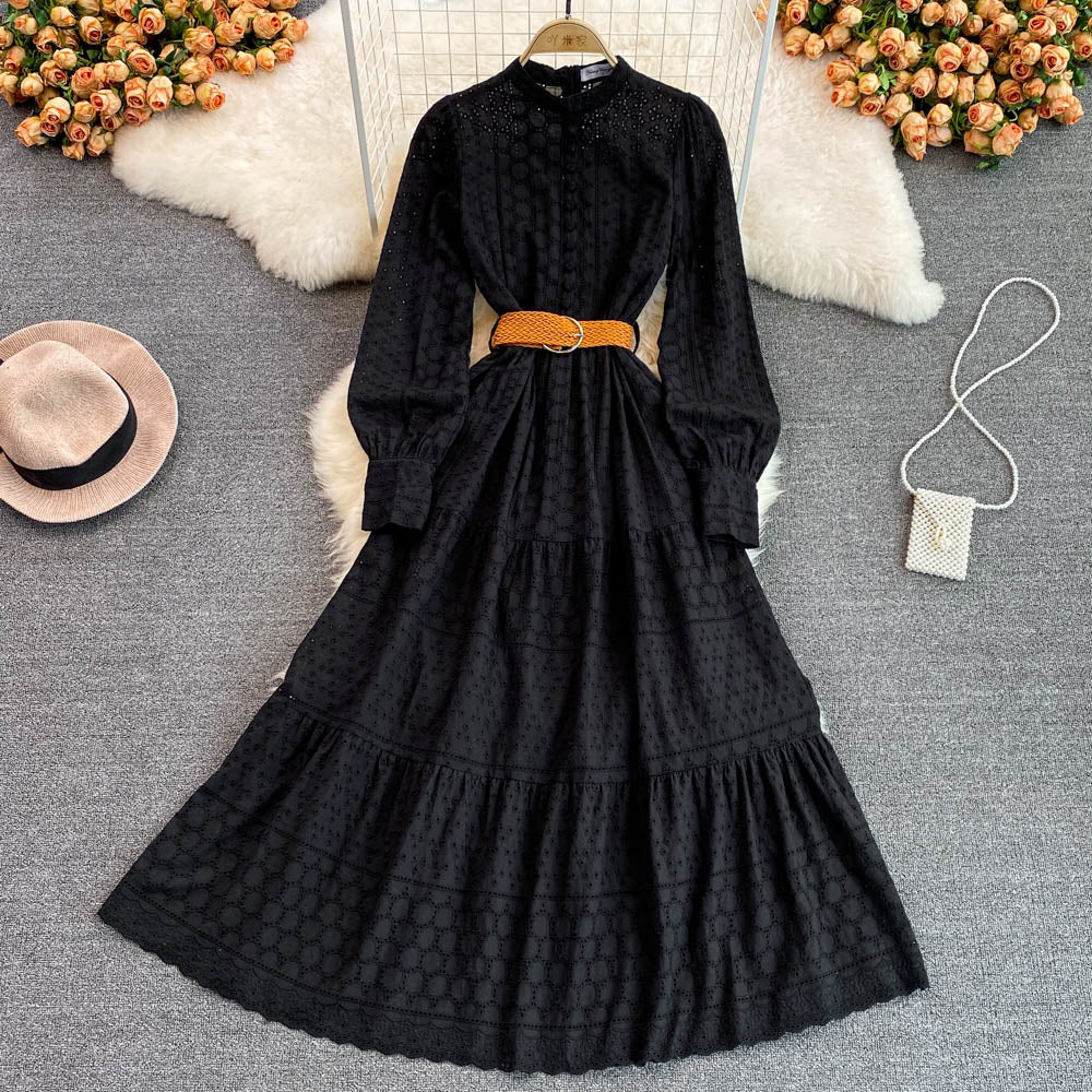 Znbbw 2023 Spring Embroidery Long Dress Women White Black Green Hollow Out Single Breasted Long Sleeve Ladies Party Dress