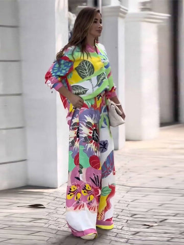 Znbbw Long Sleeve Printed Shirt 2 Piece Set Women Elegant Lapel Single-breated Top Suits Female Fashion Wide Leg Pants Outfits