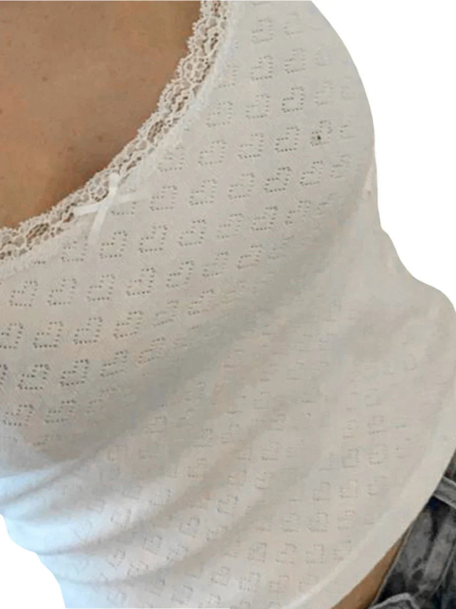 Znbbw Clothes Women White Cute Bow Ornament Slim Camis 2023 Summer Vintage Lace Trim Sleeveless Female Chic Heart Print Tops