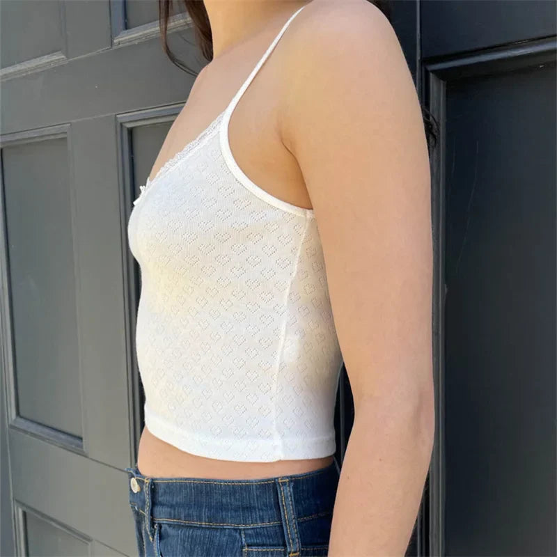 Znbbw Clothes Women White Cute Bow Ornament Slim Camis 2023 Summer Vintage Lace Trim Sleeveless Female Chic Heart Print Tops