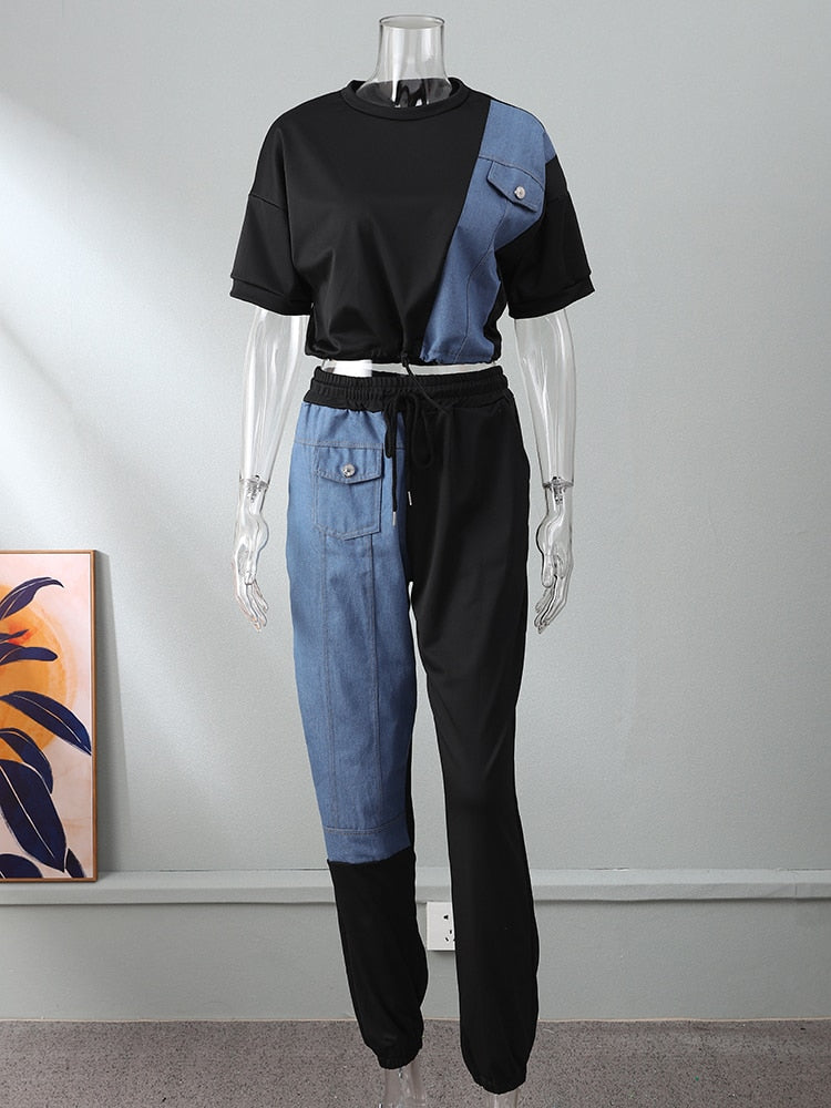 Znbbw Jean Patchwork Women Two 2 Piece Set 2023 Summer Tee And Jogger Pants Matching Set Female Suits