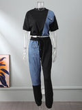 Znbbw Jean Patchwork Women Two 2 Piece Set 2023 Summer Tee And Jogger Pants Matching Set Female Suits