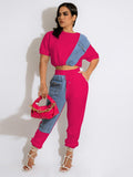 Znbbw Jean Patchwork Women Two 2 Piece Set 2023 Summer Tee And Jogger Pants Matching Set Female Suits