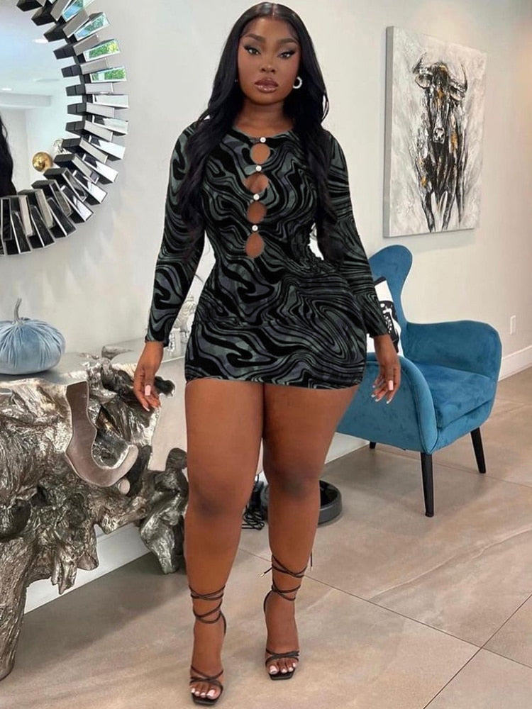 Znbbw Swirl Print Mesh Cut Out Bodycon Mini Dress Women Long Sleeve Casual Slim Fit Robe 2023 Spring Fall Party Club Clothes