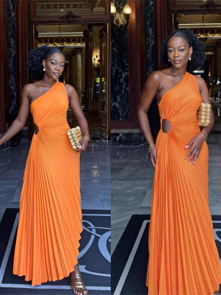 Znbbw Roll Waist Sleeveless Pleated Ruched A-line Dress Women One Shoulder Sexy Prom Evening Dresses 2023 New Fahion Chothing