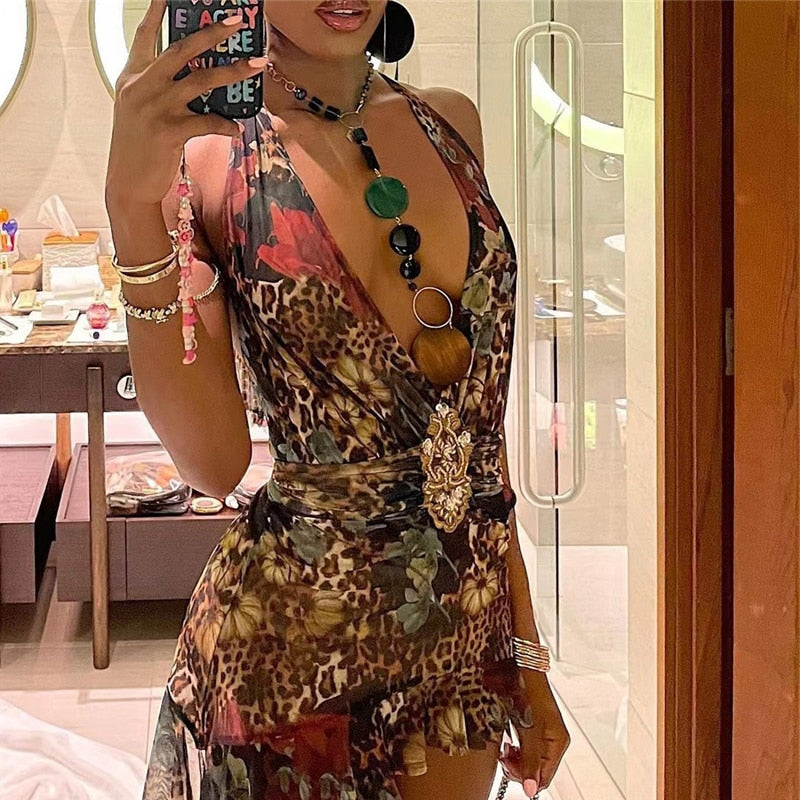 Znbbw Floral Printed Halter Lace Up Mini Dress Women Backless Ribbons Tassel Casual Party Vestidos 2023 Summer Beach Boho Clothes