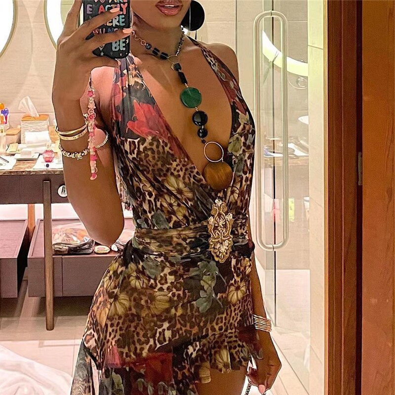 Znbbw Floral Printed Halter Lace Up Mini Dress Women Backless Ribbons Tassel Casual Party Vestidos 2023 Summer Beach Boho Clothes