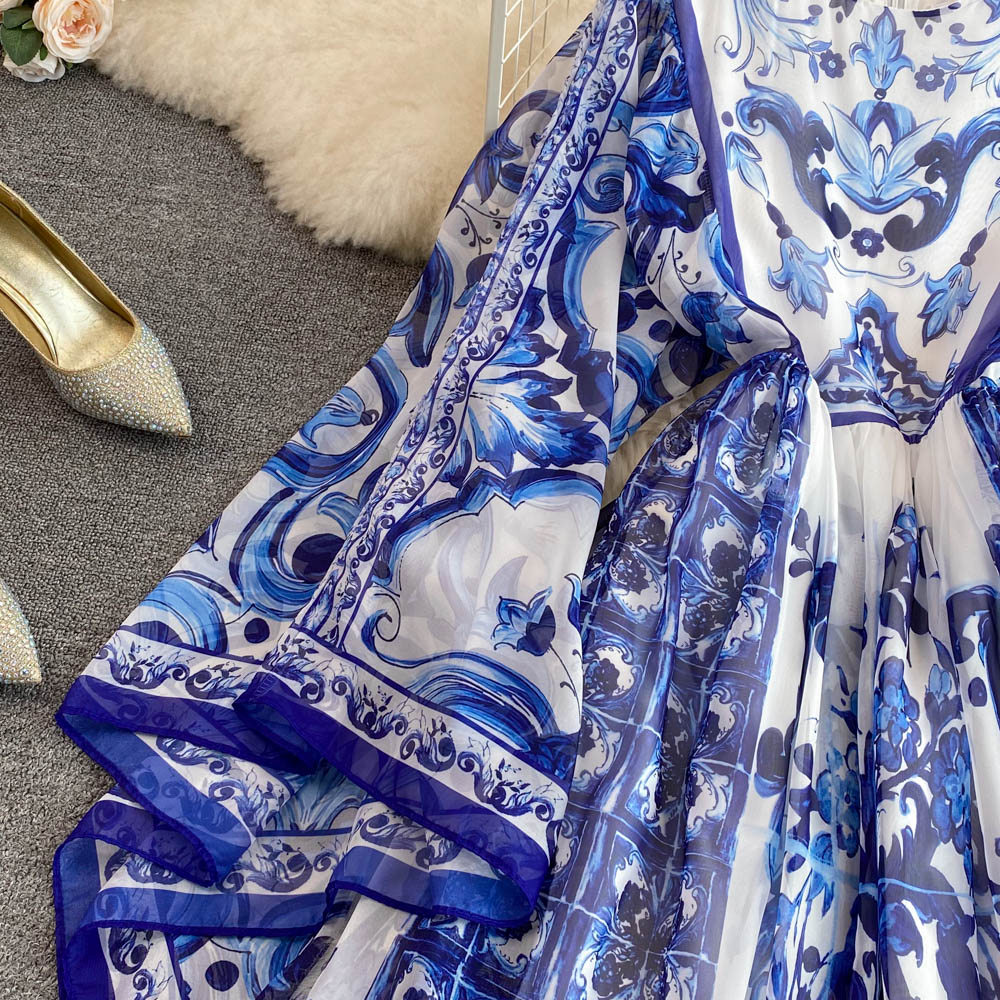 Znbbw Dress Women Batwing Sleeve Blue and White Porcelain Printing Bohemian Vacation Fashion Designer Summer Dresses Faldas 2023