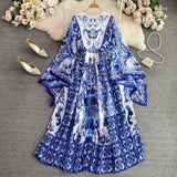 Znbbw Dress Women Batwing Sleeve Blue and White Porcelain Printing Bohemian Vacation Fashion Designer Summer Dresses Faldas 2023
