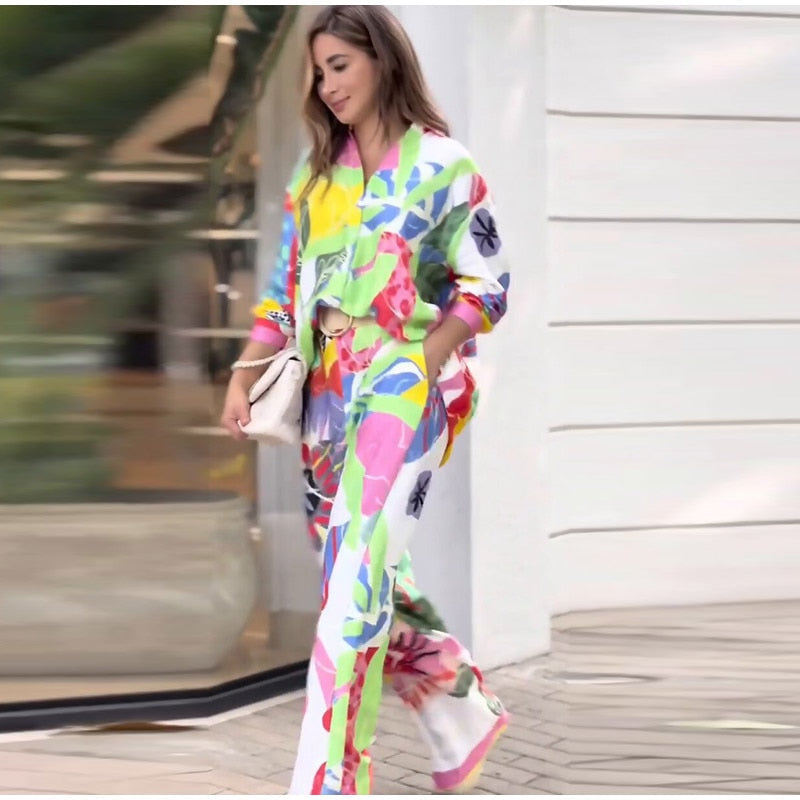 Znbbw Long Sleeve Printed Shirt 2 Piece Set Women Elegant Lapel Single-breated Top Suits Female Fashion Wide Leg Pants Outfits