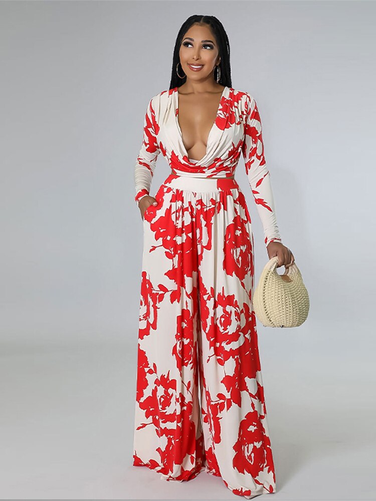 Znbbw Wide Leg Pants Suits Women Chic Crop Deep V-NeckTop 2 Piece Set Female Fashion Long Sleeve Straight Trousers Outfits