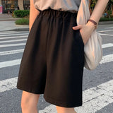 Znbbw Summer Black Short Women Fashion Ladies Elastic Waist Short Pant High Waist Streetwear Wide-leg Oversize Simple Unisex Short