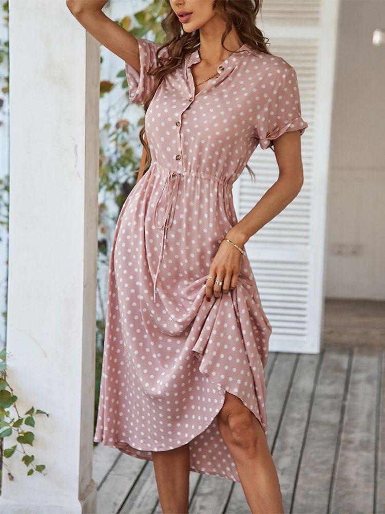 Znbbw Dot Dress Women 2023 New Summer Casual V-Neck Button Short Sleeve Midi Dresses Female Holiday Boho Beach Dresses Vestidos