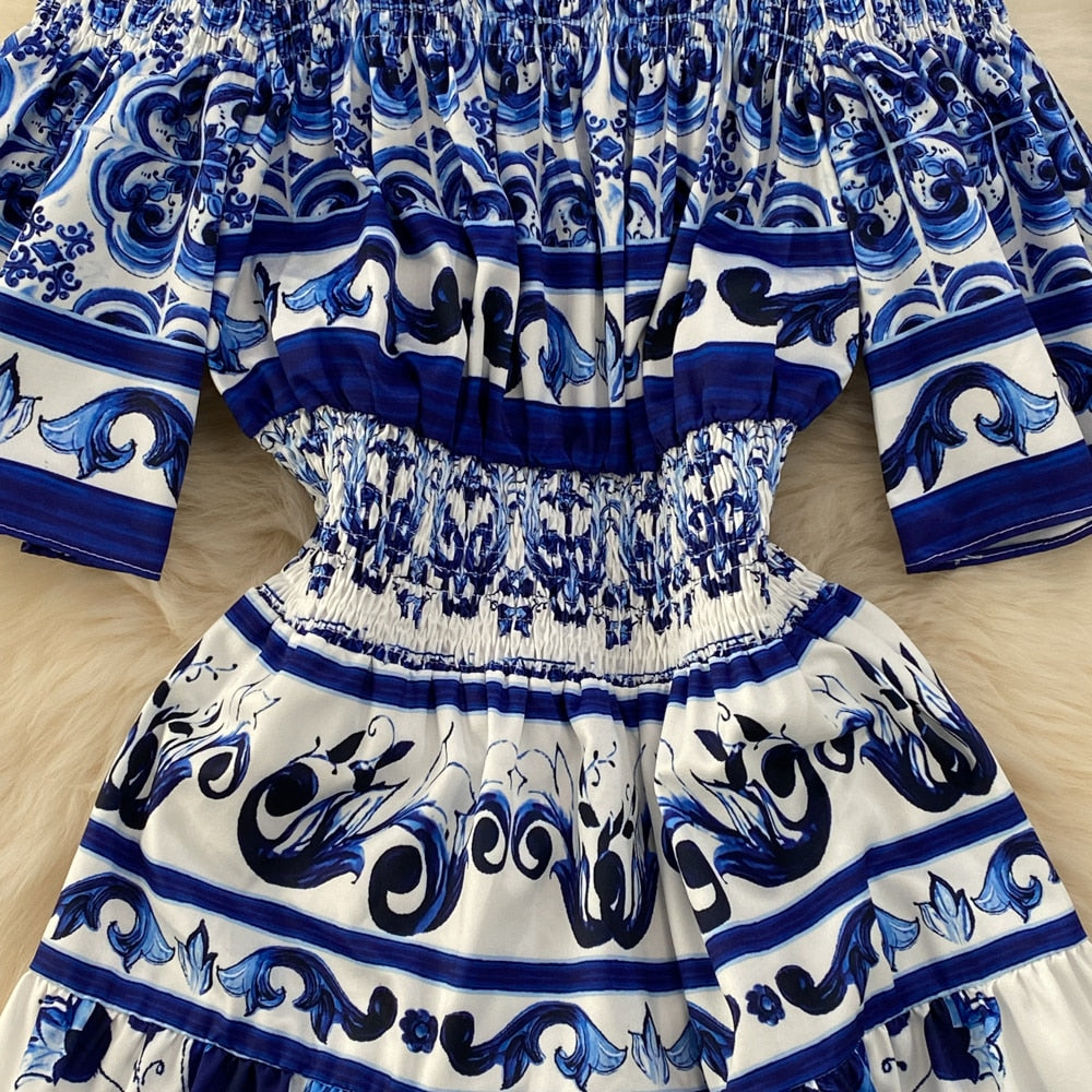 Znbbw Fashion Runway Midi Dress Women's Cool Shoulder Flare Sleeve Blue and White Porcelain Printing Holiday Beach Vestidos