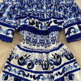 Znbbw Fashion Runway Midi Dress Women's Cool Shoulder Flare Sleeve Blue and White Porcelain Printing Holiday Beach Vestidos