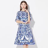Znbbw Summer Runway Sicily Midi Dress Women Short Sleeve High Street Blue Flowers Print Slim Casual A-Line Knee Length Dress