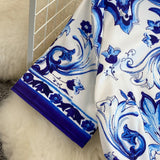 Znbbw Fashion Designer Summer Dress Women O-Neck Short Sleeve Blue and White Porcelain Print High Waist Midi Vacation Dress