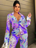 Znbbw Print Long Sleeve Blouses 2 Pecies Set Women Lapel Single-breasted Shits Suits 2023 Autumn High Wait Pants Outfits