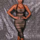 Znbbw 2023 Mesh Halter Ruched Bodycon Party Dress Women Double Layer Summer Spring Dresses Partywear Sexy Backless Vestidos