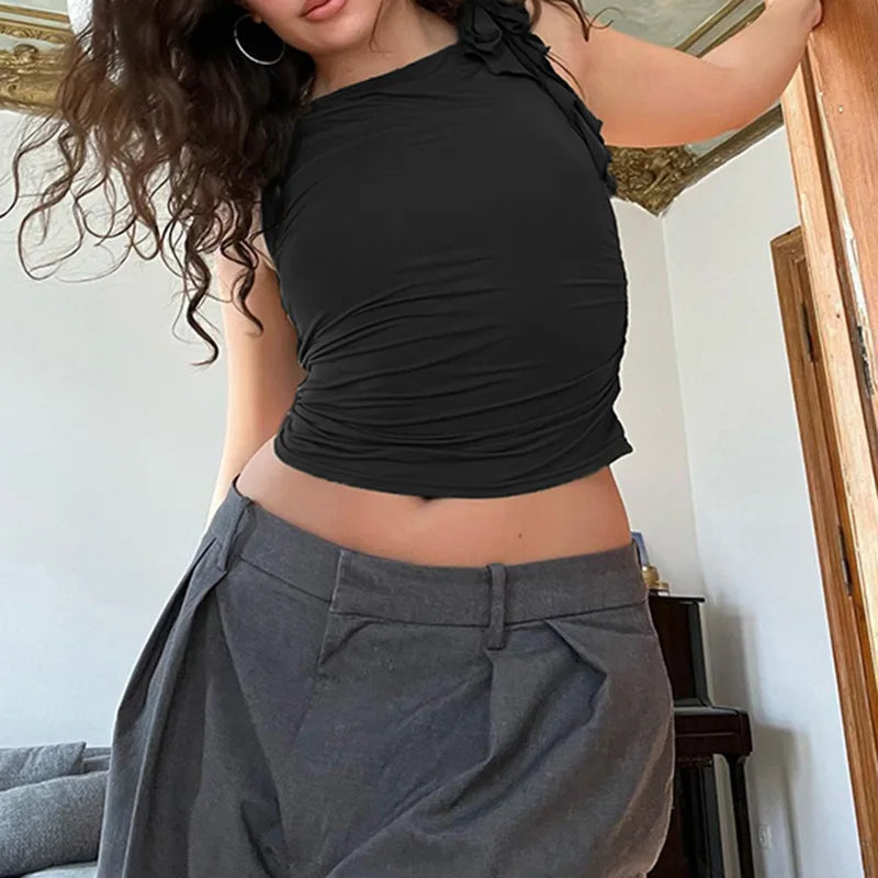 Znbbw Women's Ruched Tank Tops Tie Knot Shoulder Sleeveless Round Neck Solid Color Tops Cropped Slim Sleeveless Shirt Vests Tee