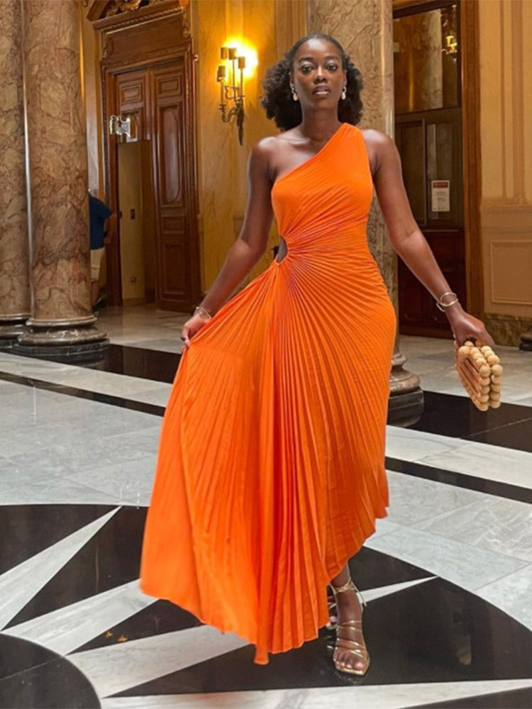 Znbbw Roll Waist Sleeveless Pleated Ruched A-line Dress Women One Shoulder Sexy Prom Evening Dresses 2023 New Fahion Chothing