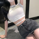 Znbbw 2023 Sexy Party Short Sleeve Tops Women Backless Hollow Out Short Crop Tops Camisoles Streetwear White Lace Up Crop Tops
