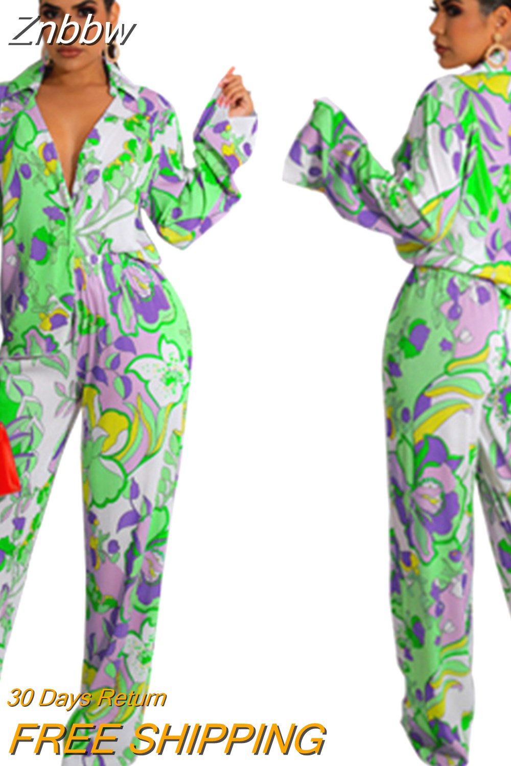 Znbbw Print Long Sleeve Blouses 2 Pecies Set Women Lapel Single-breasted Shits Suits 2023 Autumn High Wait Pants Outfits