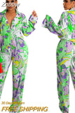 Znbbw Print Long Sleeve Blouses 2 Pecies Set Women Lapel Single-breasted Shits Suits 2023 Autumn High Wait Pants Outfits