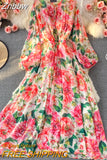 Znbbw Runway Spring Summer Vacation Dress Women Elegant Bat Sleeve Rose Print Bohemian Lady Chiffon Long Maxi Dress N76637