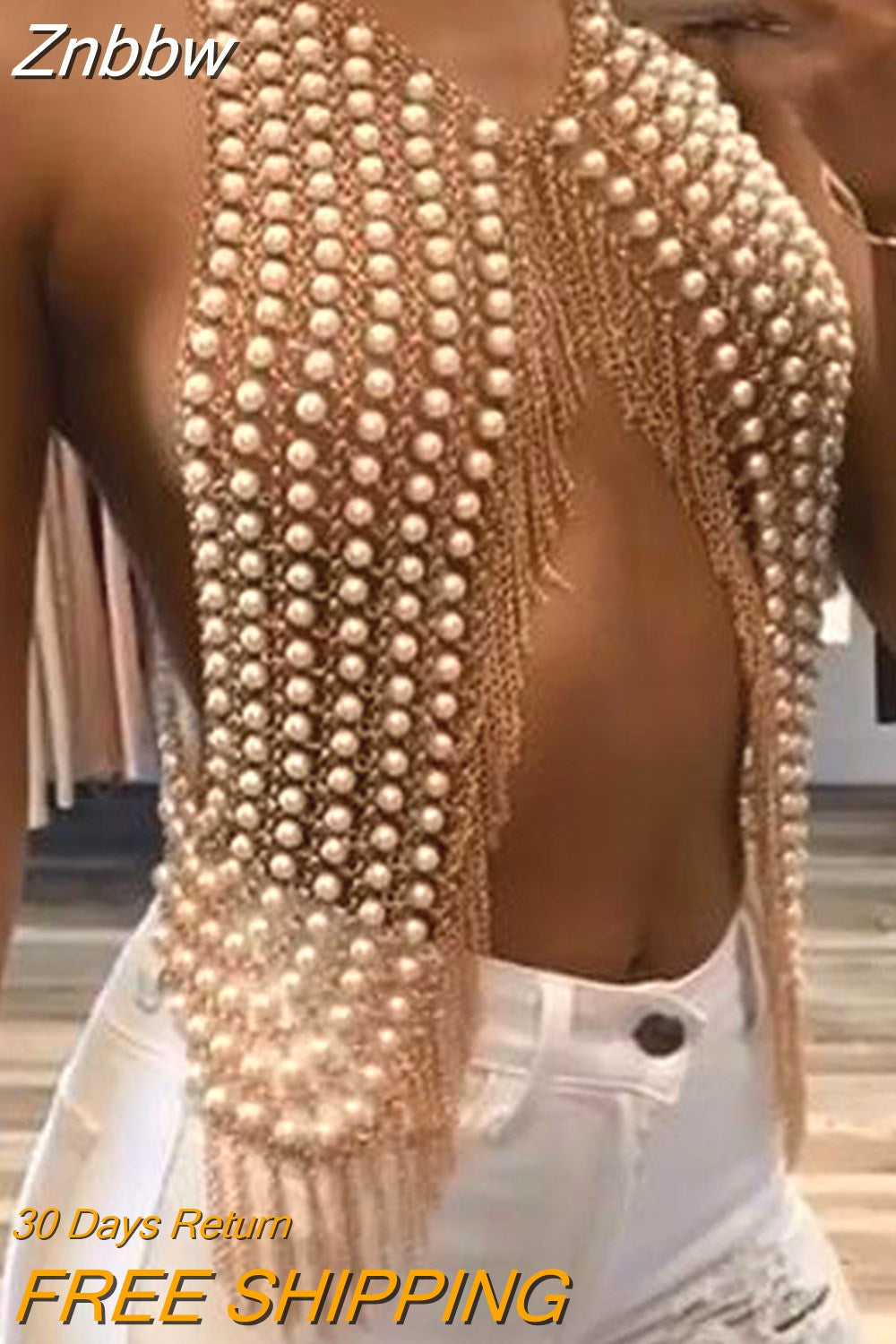 Znbbw Pure hand stitching Pearl metal Tassel Crop Top Women Summer Backless Top Sexy Punk Beach Bustier Cropped Tube Tank Top
