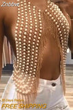 Znbbw Pure hand stitching Pearl metal Tassel Crop Top Women Summer Backless Top Sexy Punk Beach Bustier Cropped Tube Tank Top