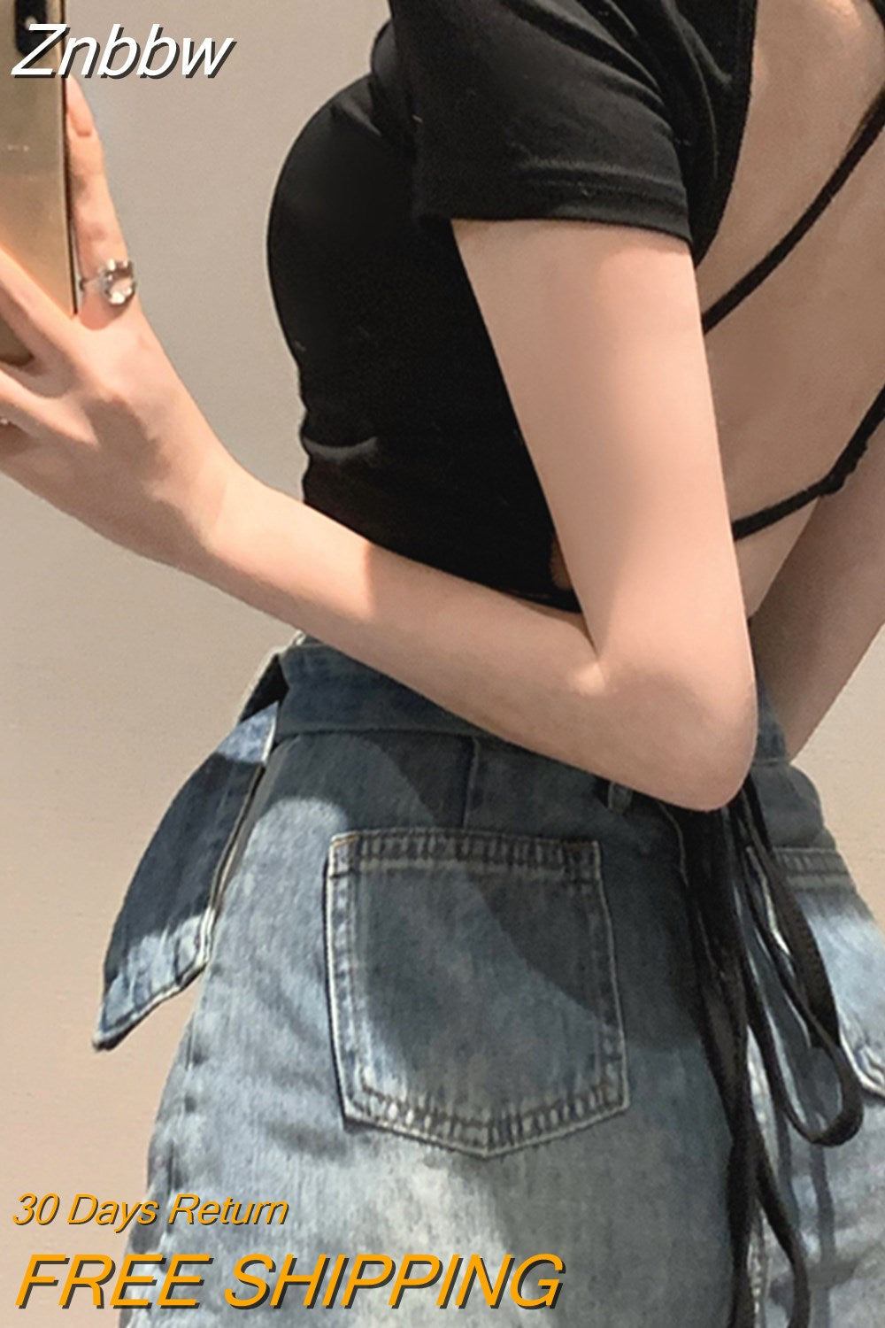 Znbbw 2023 Sexy Party Short Sleeve Tops Women Backless Hollow Out Short Crop Tops Camisoles Streetwear White Lace Up Crop Tops